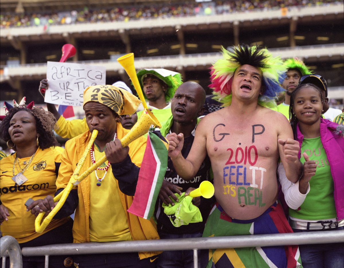 Soccer fan Bafana Bafana supporters show their support at a Nedbank cup final in May 2010.Photo Antony Kaminju